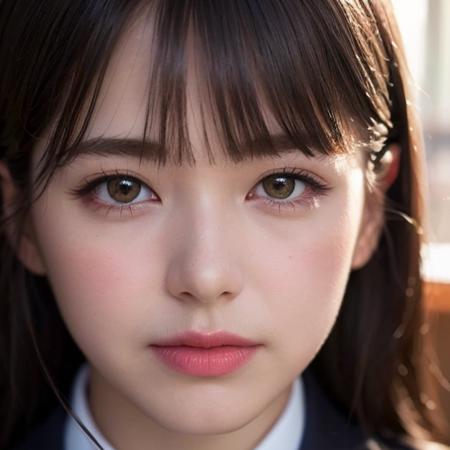 8k,hdr, beautiful, cute, masterpiece, (best quality:1.5), (realistic:1.5),(photorealistic:1.5),ultra detailed, detailed face, realistic face, (realistic skin:1.37), (intricate:1.5), woman, solo, blunt bangs, pale skin, (close-up photo:1), portrait photo, perfect lighting, (school uniform), (thigh high),(class room), (small breast:1.2), slim, slender, natural makeup, 