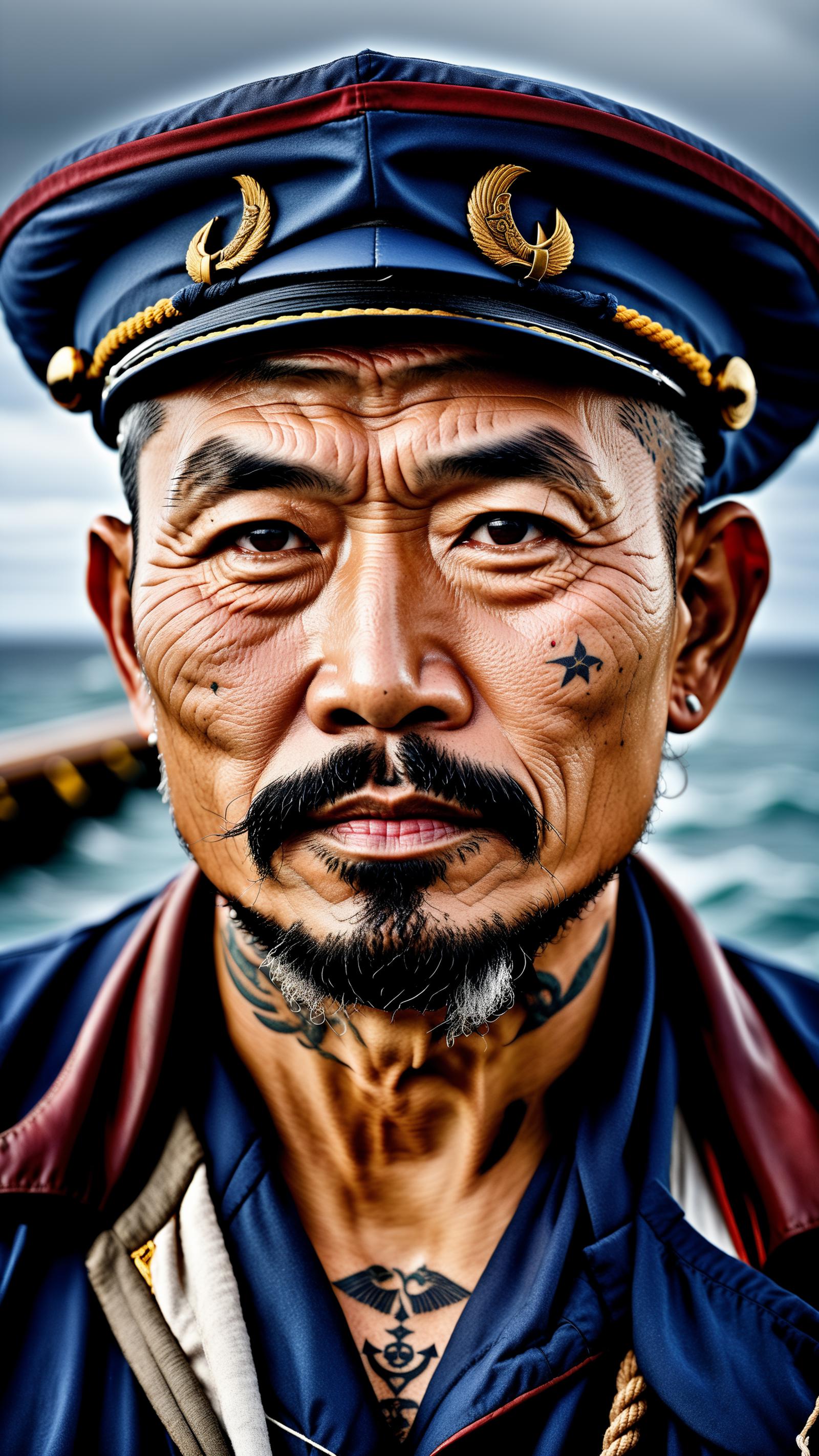 An Asian man with a star tattoo on his face and a beard and mustache.