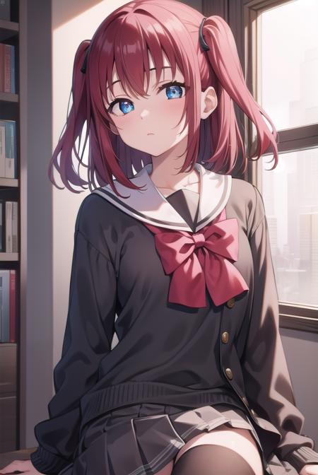 rubykurosawa, <lora:rubykurosawa-lora-nochekaiser:1>, 
ruby kurosawa, aqua eyes, medium hair, red hair, two side up, twintails, (flat chest:1.2), 
BREAK black socks, bow, bowtie, brown footwear, buttons, grey sailor collar, grey skirt, loafers, long sleeves, miniskirt, pleated skirt, sailor collar, school uniform, serafuku, shirt, shoes, skirt, uranohoshi school uniform, white shirt, winter uniform, yellow bow, yellow bowtie,
BREAK looking at viewer, 
BREAK indoors, classroom, 
BREAK <lyco:GoodHands-beta2:1>, (masterpiece:1.2), best quality, high resolution, unity 8k wallpaper, (illustration:0.8), (beautiful detailed eyes:1.6), extremely detailed face, perfect lighting, extremely detailed CG, (perfect hands, perfect anatomy),