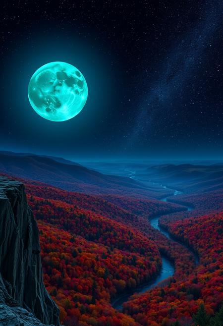 Generate a nighttime landscape viewed from a high cliff on a mountain. The sky is dominated by a full, deep blue moon with a subtle green tint, casting a mystical glow over the scene. Below, a vast, vibrant forest stretches out, its trees displaying a kaleidoscope of rich colors. A winding river snakes through the valley, reflecting the moon's light. The sky is filled with an abundance of awe-inspiring stars in bright, vivid colors, adding to the surreal beauty of the landscape.