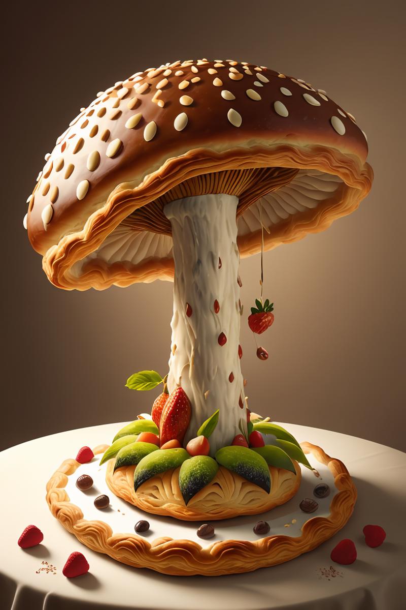A cake in the shape of a mushroom with fruits and berries on top.