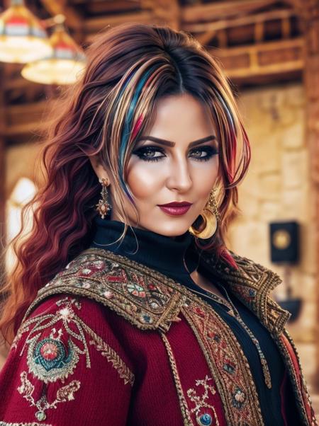 photo of a Fantastical slim Berber (pinar_aylin:1.2) , she is dressed in Gambeson, her Gambeson is electric red and is detailed with bits of Circuitry, her hair is Multicolor, Repressive Guatemalan monocle, Tasteless Greece in background, deep focus, designed by Natalia Rak, Cosy, Minecraft, Warm lighting, Orton effect, Canon R5, 50mm, <lora:pinar_aylin-000008:0.9>, detailed skin texture, (blush:0.2), (goosebumps:0.3), subsurface scattering