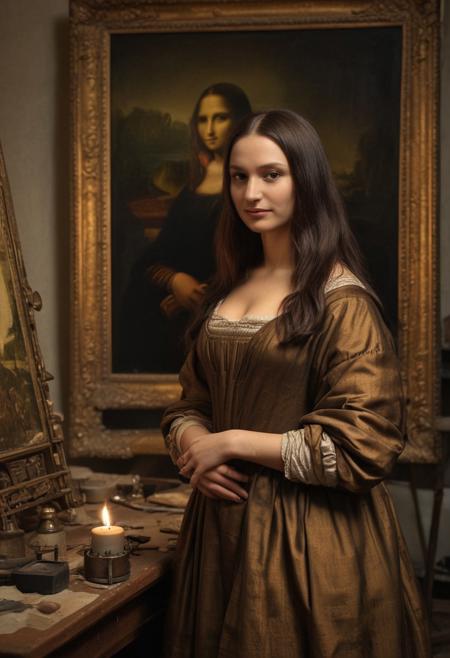 (((masterpiece picture, Mona Lisa in Leonardo da Vinci's painter studio, in Florence 2024 a.d.))). Mona Lisa with her famous subtle smile wearing 1200 a.d. dresses working at a big imac monitor. Twilight warm and calm atmosphere. Many paintings and painter tools in the background. Wide angle lens, ((low angle shot)), ((full figure shot)), perfectly detailed scene, extreme realism. ((Characters illuminated only by warm soft candle light, dark shadows)), artistic framing, low saturation, low contrast, ((soft focus)). Establishing hot.