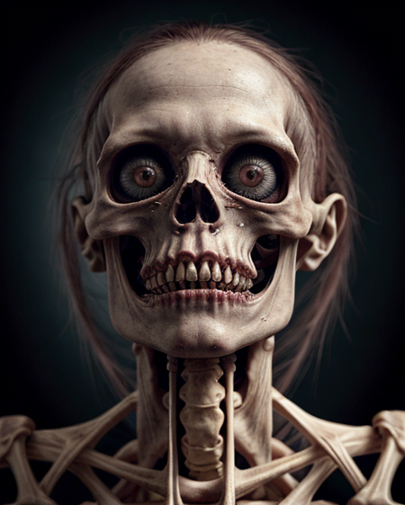 Decayed humanoid figure, grotesque, (detailed skeletal structure:1.3), (tissue textures:1.3), (exposed bone:1.2), (blood vessels:1.2), tangled, crimson, fleshy tendrils, encasing form, (pale skin tones:1.1), (scary expression:1.3), (open mouth:1.1), (wide eyes:1.2), central figure, viewed from slightly above, three-quarter profile view,  dark background, intense lighting,  (dark red highlights:1.2), (high contrast:1.1),  photorealistic style,  extreme close-up,  art direction,  horror theme, unsettling, macabre,  (deep shadows:1.1), (intricate detail:1.3),  digital art,  high detail, 8k resolution.