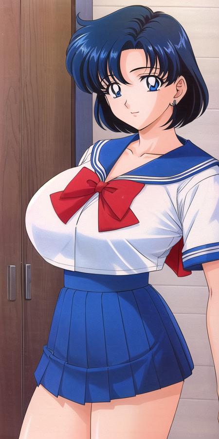 <lora:mizuno_amiV4:0.7> mizuno_ami, huge_breasts, standing, solo, school_uniform_blue_serafuku_blue_back_bow_red_bowtie, masterpiece, best quality, detailed face, detailed eyes, highres,