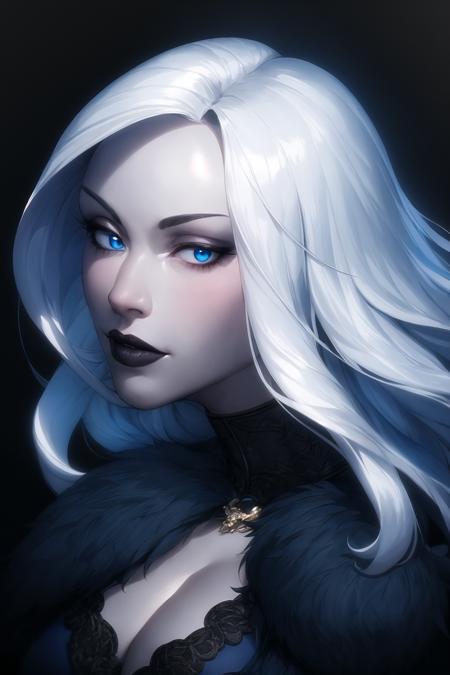 artgerm, cg, 1girl, looking at viewer, long hair, white hair, blue eyes, black background, simple background, cleavage, large breasts. (makeup:0.5), <lora:artgerm_v2.1:1.0>, portrait, (greyscale:0.5), detailed skin texture, (blush:0.2), (goosebumps:0.3), subsurface scattering