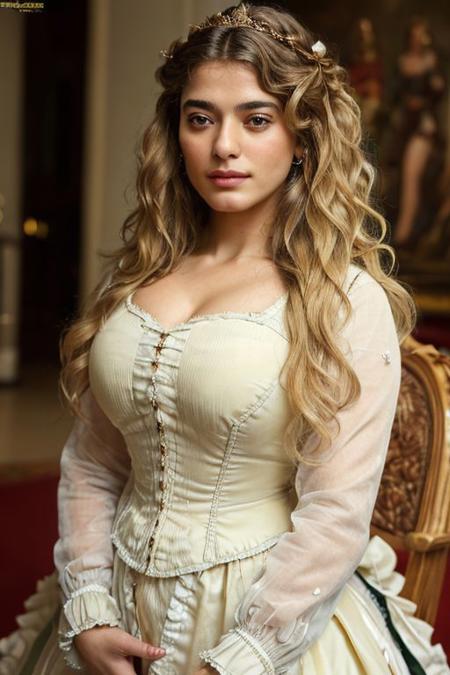 Photo of a woman, highres, (((photorealistic))), ((best quality)), ((masterpiece)), (soft even lighting), (medium body photo),realistic style, looking at the viewer), ((victorian princess clothes)), eye contact, ((blonde wavy hair))