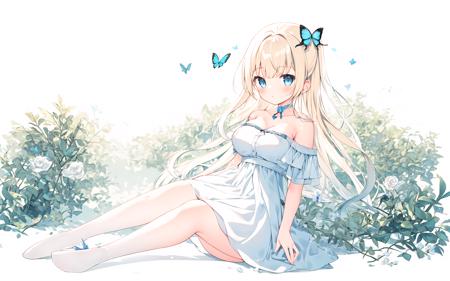 [(white background:1.6)::10], (bottle bottom:0.9), 1 girl, mid shot,long blonde hair,one side up,blue eyes,modern art,soft tone,light tone,blue butterfly,white off-shoulder dress,(blue rose) flower,Leanning against the tree,Sitting under the tree,full body,full shot,large breasts