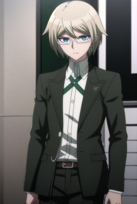 byakuyatogami, <lora:byakuya togami s1-lora-nochekaiser:1>,
byakuya togami, short hair, bangs, blue eyes, blonde hair, male focus, glasses, semi-rimless eyewear,
BREAK shirt, long sleeves, jacket, white shirt, open clothes, glasses, collared shirt, belt, pants, open jacket, black jacket, dress shirt, black pants, black belt, shirt tucked in, brown belt,
BREAK outdoors, classroom,
BREAK looking at viewer, (cowboy shot:1.5),
BREAK <lyco:GoodHands-beta2:1>, (masterpiece:1.2), best quality, high resolution, unity 8k wallpaper, (illustration:0.8), (beautiful detailed eyes:1.6), extremely detailed face, perfect lighting, extremely detailed CG, (perfect hands, perfect anatomy),