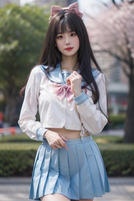 ltra-detailed,highly detailed,best quality,masterpiece,illustration,realistic,photorealistic,
hutao, solo, 1girl, cosplay, 
school uniform, sailor collar, serafuku, long sleeves, bowtie, pleated skirt, midriff peek, 
long hair, bangs, hair bow, 
looking at viewer, cowboy shot, standing, 
outdoors, day, photo background, grass, park,cherry blossoms, falling petals, wind,
 <lora:hutao_jk_v1_03:0.7>