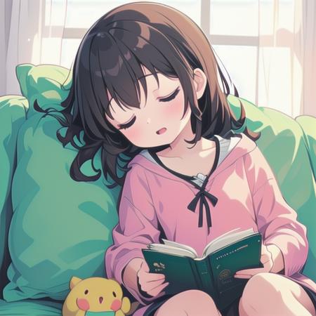 1girl, <lora:SleePeace2:1>, sleepeace, sofa, sitting, holding book, open_book, head_tilt,backlighting,