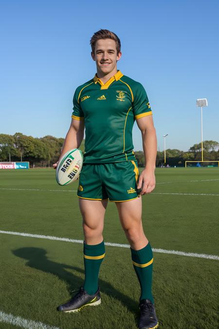 grass rugby field, BradHunter, smiling, wearing green and gold rugby uniform, green jersey with gold trim, green shorts, green socks, black sneakers, holding a rugby ball, (((full body portrait))), wide angle  <lora:BradHunter:0.8>