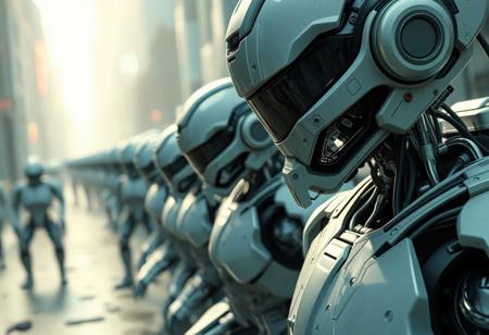 cinematic, an army of cyborg in a futuristic city, close up.