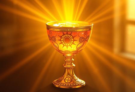 glowing chalice, golden and radiant, filled with a shimmering, warm liquid, rays of sunlight glowing from the cup, delicate sun symbols carved into the surface, intricate designs adorning the stem and base, soft ethereal glow surrounding the chalice, high resolution, photorealism, ((masterpiece)), vibrant golden hues, liquid swirling with divine energy, a soft glow illuminating the surroundings, warm sunlight reflecting from the surface, revered and ancient, celestial artifact, soft magical light, radiating warmth and power