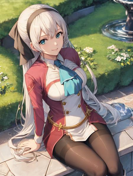 masterpiece, best quality, elie macdowell, smile, hairband, hair ribbon, blue ascot, red coat, white dress, black pantyhose, white boots, sitting, park bench, fountain, hedges, from above, looking up <lora:elie-nvwls-v1:0.9>