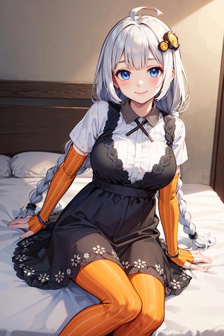 masterpiece,best quality,highres,ultra-detailed,aakari,blue eyes,long hair,ahoge,bangs,twin braids,hair ornament,black dress,white shirt,fingerless gloves,elbow gloves,orange pantyhose,vertical-striped pantyhose,<lora:kizuna_akari:0.7>,indoors,bed,sitting,seductive smile,