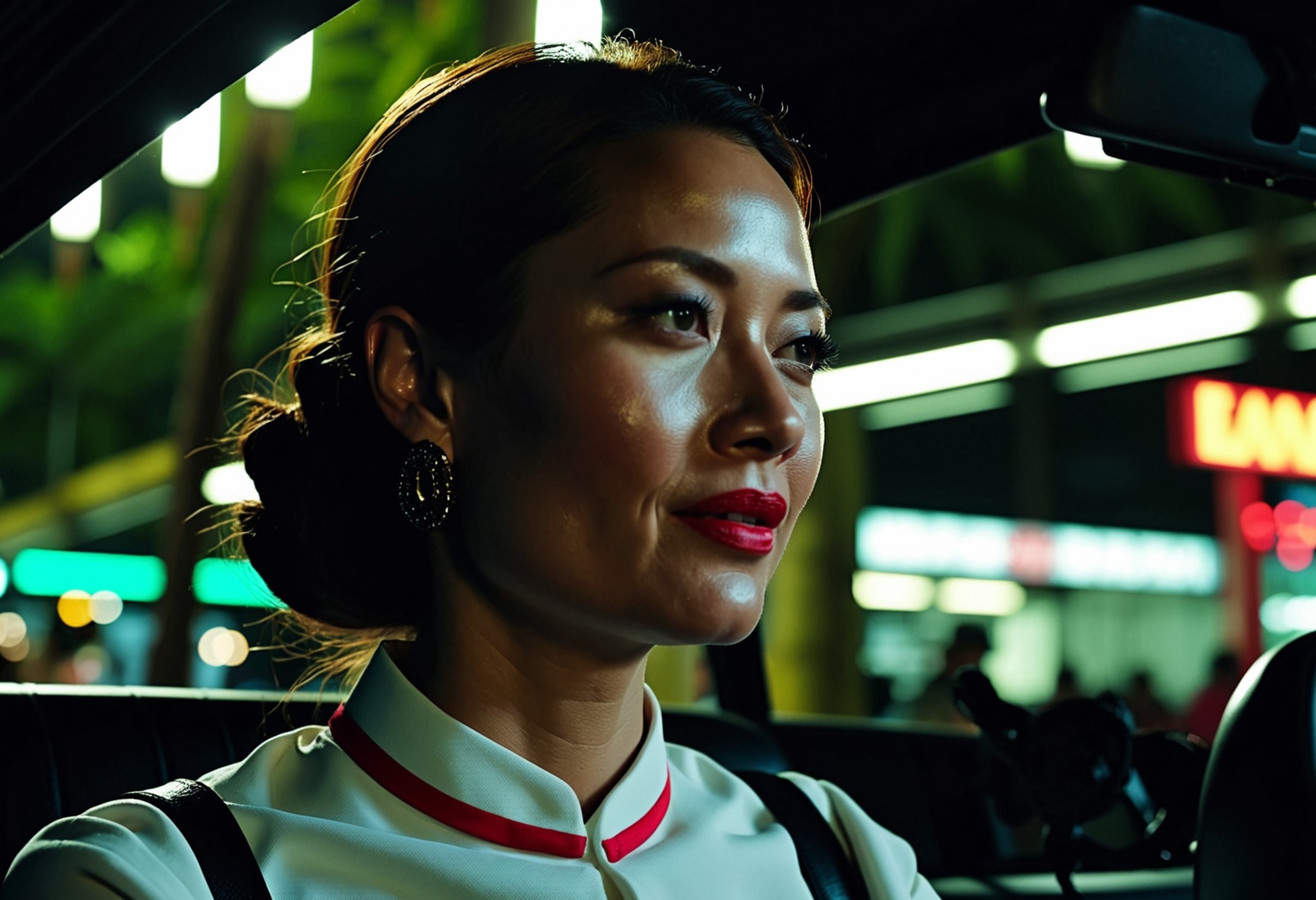 three shot of In a bustling city, a woman wearing a red and white mandarin collar shirt gazes intently towards a camera. T...