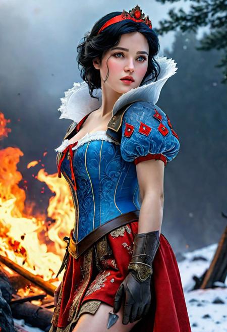 High resolution ultra-realistic of Beautiful Snow White warrior, Fantasy style, 8k, capturing the intensity of the moment, dramatic lighting, standing on a bloody and stormy battlefield in a fighting pose, fire, intricately designed iron armor, red skirt, perfect athletic figure, beautiful Warrior Swow White, fire, dirty face, ultra realistic, cinematic style, athletic figure, dark fantasy, covered in dirty and blood, cinematic colors Lighting, extremely detailed, 8K, wavy black hair, realistic dirty bloody pale face, realistic blue eyes, beautiful Snow White on in cool outfit, hyper-detailed, hyper-realistic, bright colours, Attractive 21 old years girl, Attractive, beautiful firm Breasts, sharp focus, digital painting, Photograph Taken on Nikon D750, Alphonse Mucha, 8K, athletic figure, Hyperdetailed, hyperrealism, Attractive, Attractive bust girl, asymmetric balance