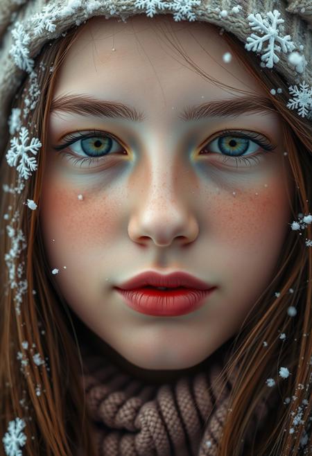 A highly realistic close-up portrait of a 20-year-old girl's face, with delicate snowflakes resting on her skin and hair. She has a calm, neutral expression, her soft features enhanced by subtle and natural makeup. Her rosy cheeks stand out against the cool tones of the snowy setting, and her deep, thoughtful eyes add a sense of serenity. The background is softly blurred, emphasizing her face and the intricate details of the snowflakes.