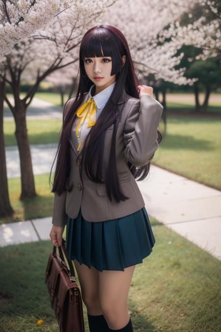 ultra-detailed,highly detailed,best quality,masterpiece,illustration,
gokou ruri, 1girl, solo, long hair, blue skirt, school uniform, outdoors, jacket, bangs, socks, pleated skirt, tree, long sleeves, holding, black hair,  blunt bangs, cherry blossoms, standing, day, cosplay, blazer, straight hair,  hime cut, looking at viewer, very long hair, coat, collared shirt, ribbon, autumn, yellow ribbon, cowboy shot, 
 <lora:gokou ruri_v1_02:1.0>