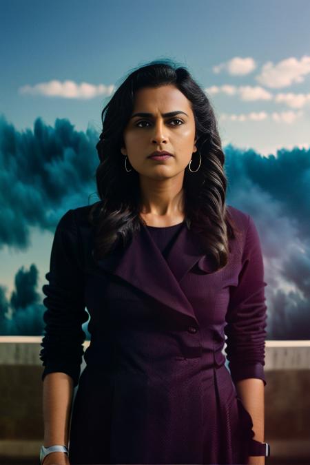 ShraddhaSrinath, art by Ray Collins, photograph, Aggravated Chibi well-endowed Woman, wearing CEO outfit, Detailed illustration, film grain, Samsung Galaxy, Circular polarizer,  <lora:ShraddhaSrinathSD1.5:1>