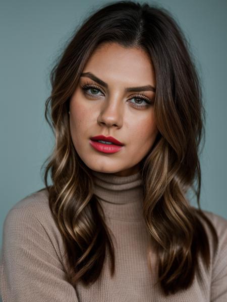 Realistic photo of a beautiful m1l4k-v2 woman,  1girl, solo, long hair, looking at viewer, indoor background, brown hair,  turtleneck sweater, jewelry, necklace, lips, makeup, blue background, lipstick, v arms, realistic, soft lighting, professional Photography, Photorealistic, detailed, RAW, analog, sharp focus, 8k, HD, DSLR, high quality, Fujifilm XT3, film grain, masterpiece<lora:m1l4k-v2:1.0>