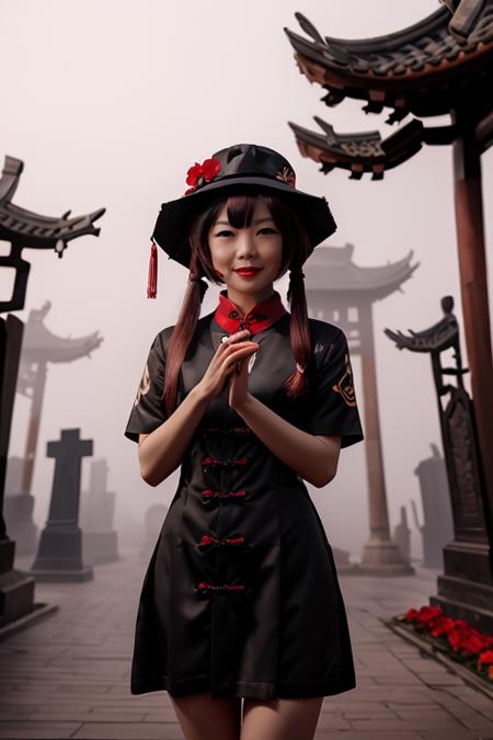 1girl, solo, portrait of cute hutao girl, black dress, red collar, Chinese graveyard, dim light, red little red flower, dynamic paw pose, fog, spooky night, <lora:ARWHutao:1>, ((best quality)), ((masterpiece)), ((realistic)), (detailed), bokeh,