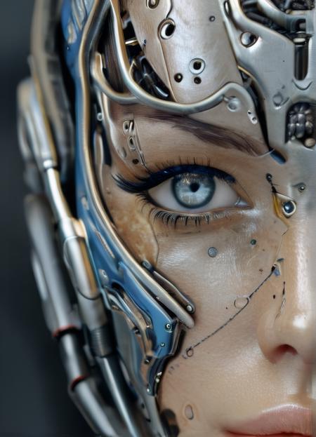 A close-up portrait showcasing a detailed human facial expression and cyborg body parts, the human face displaying a range of emotions with futuristic tech-inspired eyes, the mechanical body featuring high-tech metallic textures, exuding a futuristic atmosphere. High-resolution image of a detailed human-cyborg portrait, perfect for capturing the blend of humanity and technology in a captivating and visually striking manner. Macro shot focusing on the intricate details of a human face merged with cybernetic enhancements, ideal for projects that require a futuristic and immersive portrayal of human-machine integration.