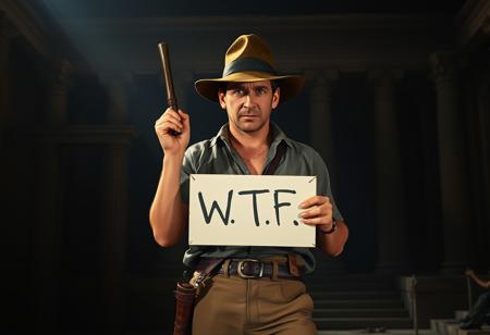 Indiana Jones, standing outside a shadowy, ancient temple with dramatic, high-contrast lighting, holds a sign that reads ‘W.T.F.’ His legendary staff is mysteriously shrunk to a smaller size and tucked away in his pocket. The scene is set in a location that evokes the eerie, labyrinthine atmosphere of Pompeii or the haunted ruins of Agrigento, heightening the sense of danger and intrigue