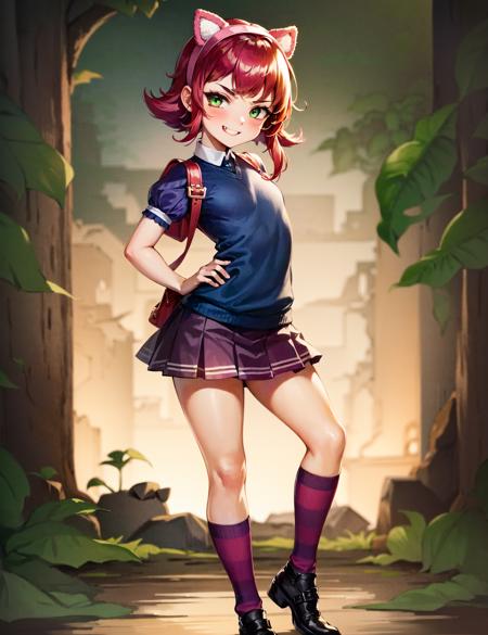 short hair, animal ears, fake animal ears, cat ears, hairband, green eyes, bangs, blush, red hair, purple hair,  skirt, short sleeves, juliet sleeves, puffy short sleeves, puffy sleeves,  shirt, pleated skirt, striped, socks,  kneehighs, loose socks, purple skirt, blunt bangs, striped legwear,    sweater vest, argyle, argyle sweater, school uniform, backpack, randoseru,  sidelocks, short hair with long locks, shoes, mary janes, leg warmers,