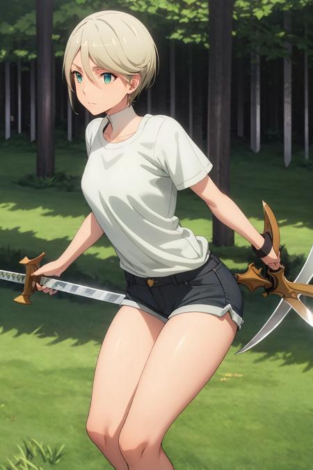 Masterpiece, high quality, highres, panache, <lora:Panache10-10:1>, white shirt, denim shorts, holding sword, outdoors, grass