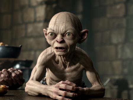 smeagol, crouching, on a modern kitchen table, sharp, amazing, bokeh, canon dslr, realistic, movie still <lyco:smeagol_v2.0:1> <lyco:modern kitchen_v2.0:1.0>