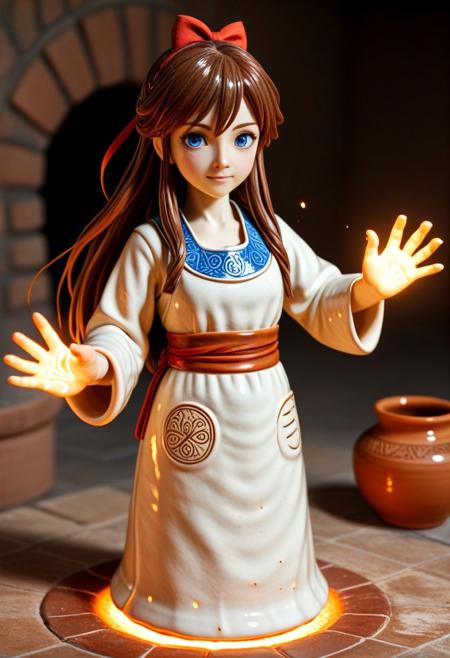 (anime coloring, anime screencap), ceramic
ancient pottery studio, cracked tiles, floating clay shards, glowing kiln,  
warm ambient light, orange ceramic glow, drifting steam,  
side angle, mid-shot, shallow focus,  
standing upright, arms extended, shaping floating clay,  
slim, long hair, brown hair, blue eyes, ahoge, red bow, big thighs,  
linen robe, clay-stained apron, embroidered hem,  
half-formed ceramic golem, swirling runes, glowing fingertips,  
focus on hands,