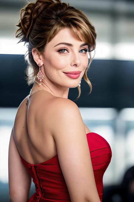 photo of beautiful (klebr0ck-200:0.99), a woman as a TikTok celebrity, hair upsweep updo, (elegante red dress:1.2), at the airport, suitcase, dark moody ambience (masterpiece:1.2) (photorealistic:1.2) (bokeh) (best quality) (detailed skin:1.2) (intricate details) (detailed eyes) (8k) (HDR) (cinematic lighting) (sharp focus), (looking at the camera:1.1), (closeup portrait:1.2), earrings. (smile512)