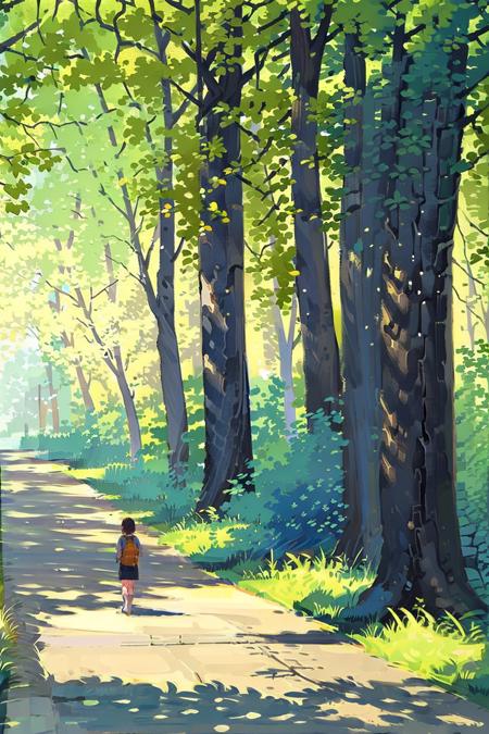 outdoors, tree, sign, road, scenery, road sign, nature, day, bag, forest, street, sunlight, 1girl, dappled sunlight, (illustration:1.0), masterpiece, best quality, <lora:summer tree_20230919090103:0.82>