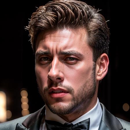 face portrait of ramirolozano person using a tuxedo, in blade runner, professional photography, high resolution, 4k, detailed photo,  <lora:ramirolozano_12210:1>