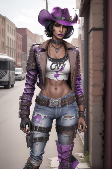 <lora:nisha_(borderlands):0.8>, nisha (borderlands), masterpiece, best quality, 1girl, solo, hat, boots, denim, pants, jeans, black nails, midriff, short hair, lipstick, belt, jacket, black hair, torn clothes, dark skin, navel, makeup, hair over one eye, fingerless gloves, nail polish, gloves, dark-skinned female, collar, leather, purple lips, bracelet, leather jacket, lips, cowboy hat, alternate costume, jewelry, thigh strap, full body, choker, spikes, outdoors,