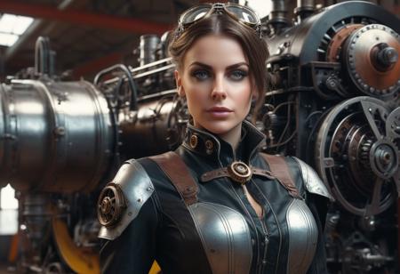steampunk, a beautiful woman posing in a lab, standing behind the engine, wearing (mechanical gears:1.2), steampunk garden with (wires), [emb-rrf2], Style-Glass, full body, wide shot, cinematic, volumetric lighting, subsurface scattering, realistic face, (detailed face), (highly detailed:1.2), painting, photo realistic, large engine on the floor, pistons, dripping oil