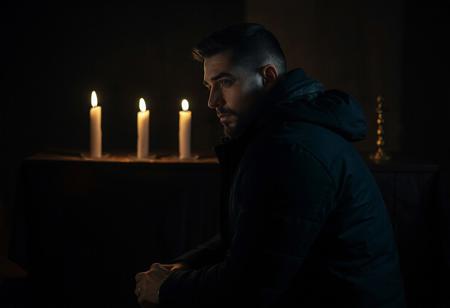 professional photo, side view photo of Caucasian man in kneeling in front of an altar with 3 lit candles on it, wearing a dark blue parka, serious face, contemplative expression, dark features, dramatic shadows, very dark and underexposed, face lit only by candles, all else dark