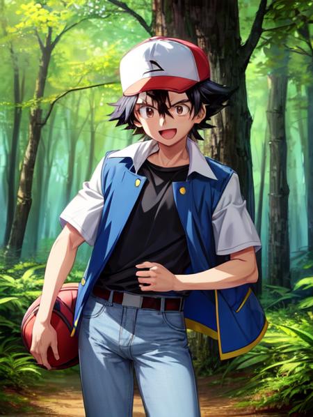 anime artwork, 1boy, OGAshK, baseball cap, black hair, short hair, spiked hair, brown eyes, outdoors, happy, forest, woods, trees, blue jacket with white sleeves, black shirt, jeans, upper body, anime style, vibrant, highly detailed, <lora:Detail - add_detail:0.2>, <lora:Character - AshOG:0.9>