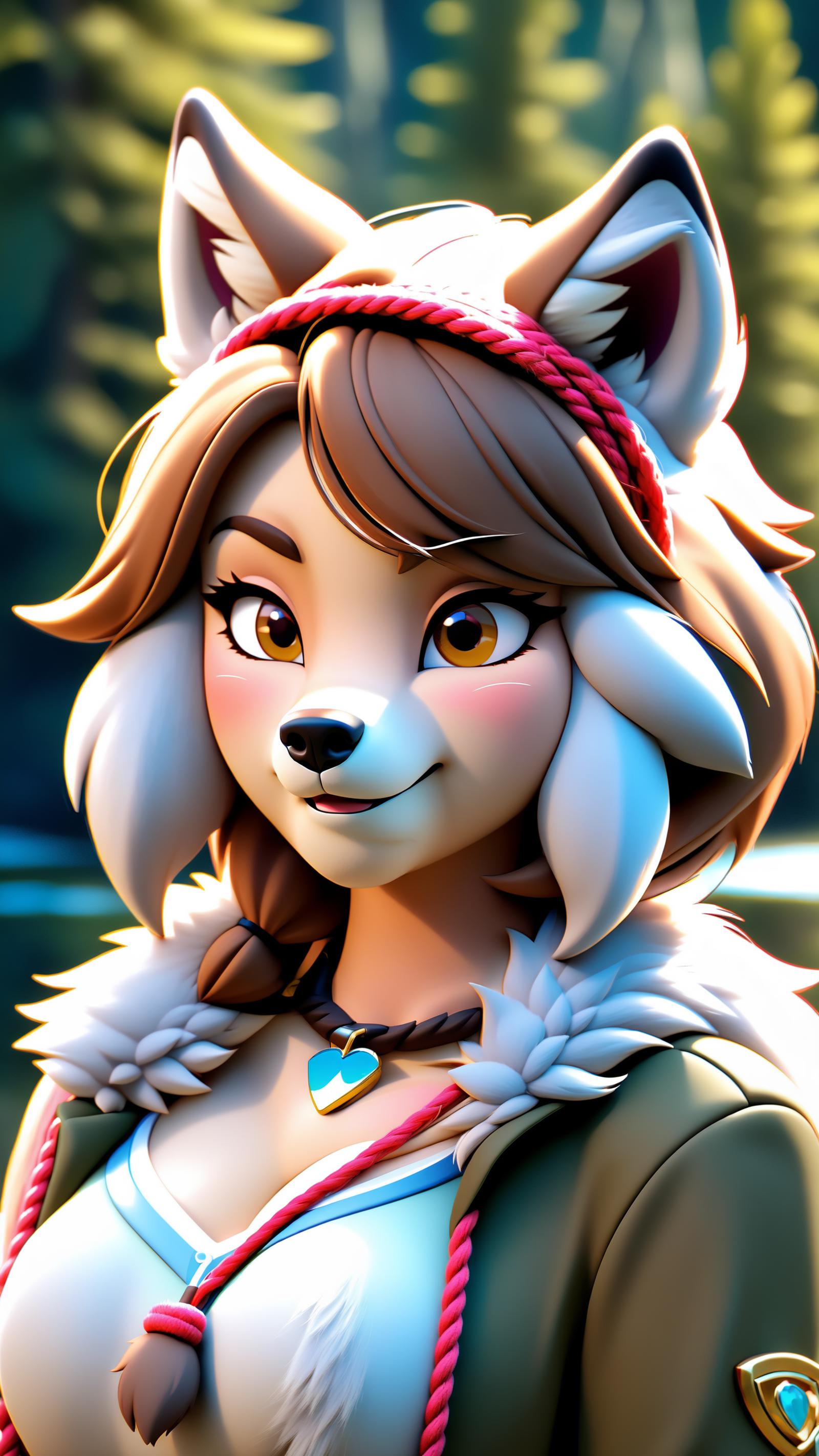 A 3D animated character of a woman with a wolf head, wearing a green jacket and a blue heart necklace.