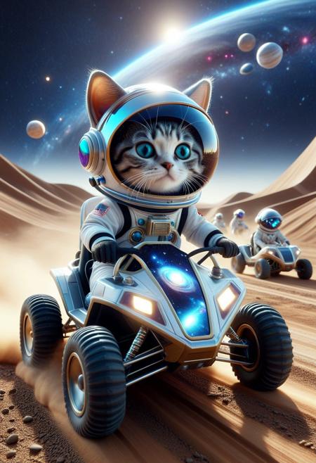 (made of CosmicStyle:1.3),  CosmicStyle, from side, closeup cute small 4WD buggy made of CosmicStyle, astronaut cat driving, wear round goggles, wear animal ears helmet, wear astronaut suit made of CosmicStyle, run through on space planet dirt road, Dust, (surround by multiple cute small buggys:1.2), space, galaxy, cinematic, cinematic lighting, (masterpiece, best quality:1.4), ultra-high res, 4k, Photorealistic, insanely detailed, sfw,