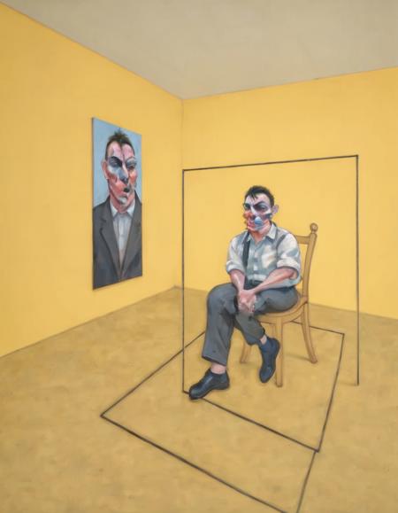 <lora:fbac:0.6>fbac, man with distorted face sitting in chair, line cube, yellow wall