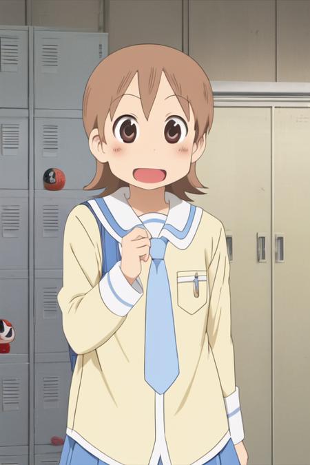 ncjstyle, aioi yuuko, 1girl, tokisadame school uniform, brown hair, solo, school uniform, brown eyes, short hair, daruma doll, open mouth, smile, blush, necktie, looking at viewer, :d, locker