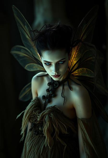 An evocative dark fantasy photography. The central figure is a once-elegant forest african fairy, now corrupted by sinister forces. She has buterfly wings like attributes, a pale complexion, glowing blue eyes. Her once-lush attire is now tattered and overgrown with the transparency  that she once represented. The background is dark and foreboding, reflecting the fairy's lost beauty and anger. The overall atmosphere is cinematic and conceptual, immersing the viewer in a world of dark fantasy., cinematic, dark fantasy