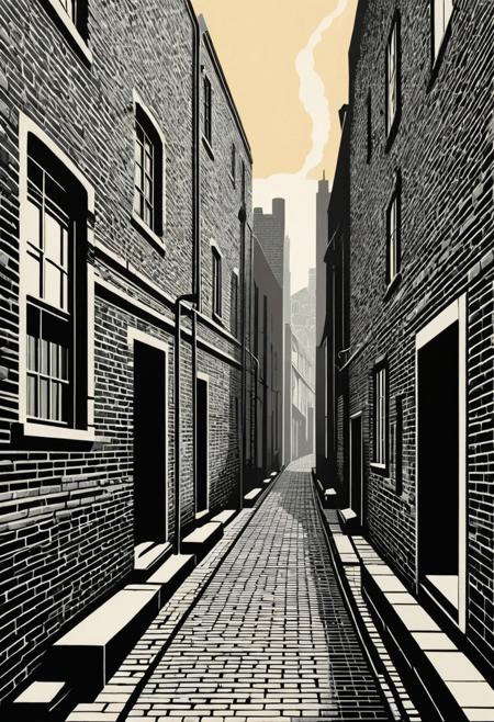 A misty alleyway where an old brick wall peels away, to reveal a hidden cityscape beneath., structured graphic abstraction, narrative linocut aesthetic, geometric pattern play, mid-century illustration meets formalist precision, stylized architecture with abstract geometry, flattened perspective, optical tension, modernist printmaking, rhythmic line and form, monochrome and muted palettes, abstract spatial illusion, illustrative charm with non-objective depth, decorative modernism, visual balance of form and story, textural shape layering