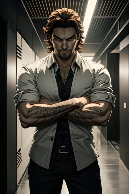 ((ultra detailed, masterpiece, best quality))
 <lora:WolfBigby:0.8>
WolfBigby, 1boy, solo, muscular, At the entrance of a hidden nightclub, unbuttoned shirt revealing intricate tattoos, smoke lingering in the air, standing with crossed arms