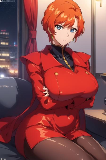 (Night:1.7), Cyberpunk_CityView, Before Window,
sitting at attention,sitting on couch,crossed arms, 
red uniform,red jacket,military_uniform,military,long_sleeves,red_cape,Black_shirt,pantyhose, 
<lora:Berah_Ronah_Crossbone-KK77-V1:0.7>,<lora:aiueOkaStyle_v10:0.1>, <lora:saiminSeishidou:0.1>,
orange_hair,short_hair,earrings, jewelry
1 girl, 25yo,mature female,Beautiful Finger,Beautiful long legs,Beautiful body,Beautiful Nose,Beautiful character design, perfect eyes, perfect face,
looking at viewer, (innocent_big_eyes:1.0),(expressionless:1.3),
NSFW,official art,extremely detailed CG unity 8k wallpaper, perfect lighting,Colorful, Bright_Front_face_Lighting,
(masterpiece:1.0),(best_quality:1.0), ultra high res,4K,ultra-detailed,
photography, 8K, HDR, highres, absurdres:1.2, Kodak portra 400, film grain, blurry background, bokeh:1.2, lens flare, (vibrant_color:1.2)
(Beautiful,large_Breasts:1.4), (beautiful_face:1.5),(narrow_waist),