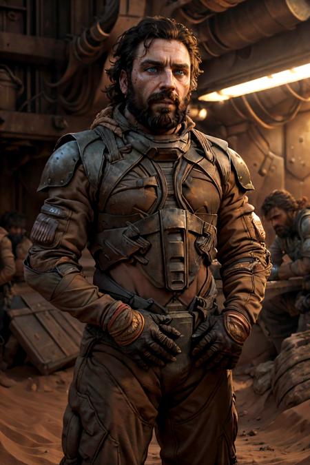 sci-fi setting, 
a bearded man, in an industrial scene within the deep desert of Arrakis, where massive sandcrawlers and workers in specialized stillsuits are extracting the highly coveted spice melange. Show the colossal machines, the orange spice clouds, and the tension among the workers,
dynamic pose, dramatic, perfect hands, cinematic light, grainy film, film still,
(masterpiece, best quality, high quality), hyperdetailed, highres, high detail, intricate detail, HDR, 8k wallpaper, sharp focus, detailed background, realistic, photorealistic, perfect hands, realistic eyes, detailed skin texture, (blush:0.5), (goosebumps:0.5), subsurface scattering
<lora:add_detail:0.7>
<lora:stillsuitv0.3-000006:0.7>