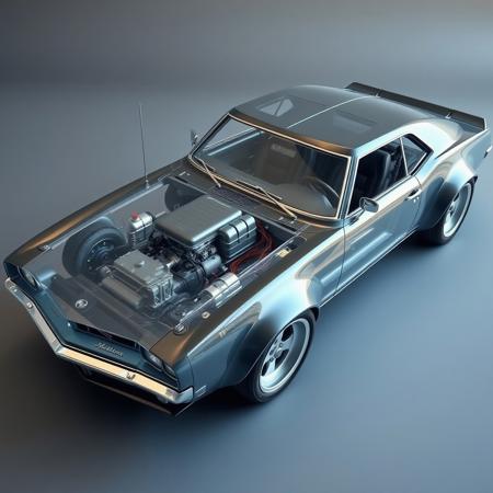 the classic muscle car is made of carbon tubes, has hexagonal body elements, covered with transparent matte plastic, the insides and engine of the car are visible through the plastic, many pipes and wires are also visible along with the body tubes, 3/4 side view